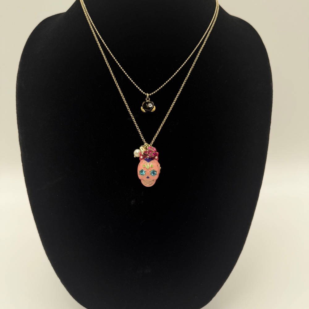 Betsey Johnson Pink Sugar Skull Black Rose Double Row Necklace Gold Tone